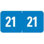 The Smead ETS Color-Coded Year Label in light blue displays 21 twice, divided by a thin vertical line, elegantly marking the year 2021. Available as a label sheet with 250 labels per pack (67921).