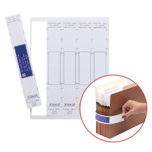 68001_C3.jpg Set includes Smead Viewables Pocket Label Pulls (68001), made of paper/poly laminate. Main image shows sheets with adhesive tabs; inset displays a hand applying a blue label to brown folders, emphasizing organization. Includes 45 pocket label pulls per pack.