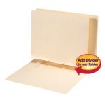 The Smead Self-Adhesive Folder Divider (68021) features a fastener, yellow divider, and side flap style for easy access to documents. A red and yellow label with an arrow states, Add Divider to any folder. Suitable for letter size Manila folders, available 100 per box.