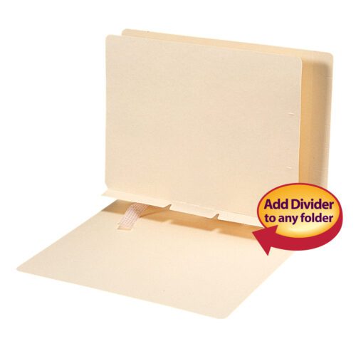 The Smead Self-Adhesive Folder Divider (68021) features a fastener, yellow divider, and side flap style for easy access to documents. A red and yellow label with an arrow states, Add Divider to any folder. Suitable for letter size Manila folders, available 100 per box.