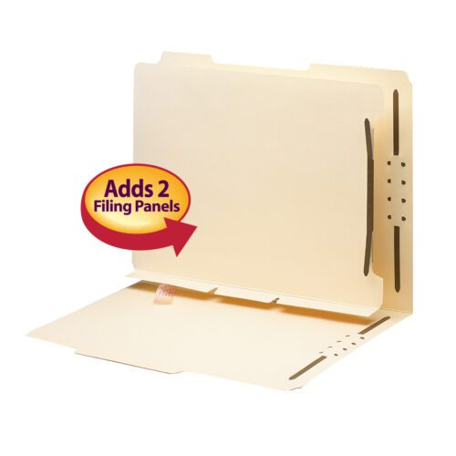 68025_C1.jpg This beige expandable file folder in Manila, partially open, shows slots for additional panels with a red arrow and Adds 2 Filing Panels. Perfect for organizing with Smead Self-Adhesive Folder Divider, 1 Twin Prong Fastener, Letter Size (68025).