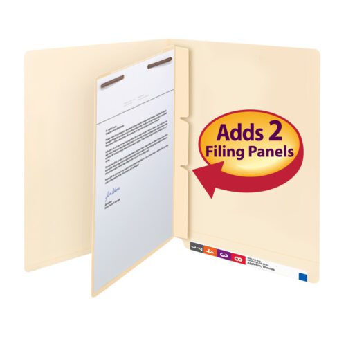68027_C1.jpg A beige letter-size folder with an open flap shows documents inside. A circular red label on a yellow background points to the flap, stating Adds 2 Filing Panels. Manila tabs are at the bottom edge, completed with a Smead Self-Adhesive Folder Divider (68027).