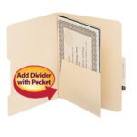 A Smead Manila Self-Adhesive Folder Divider with Pockets (68030) neatly holds a certificate, featuring a red and yellow circular label reading Add Divider with Pocket. Available in letter size, 25 per pack.