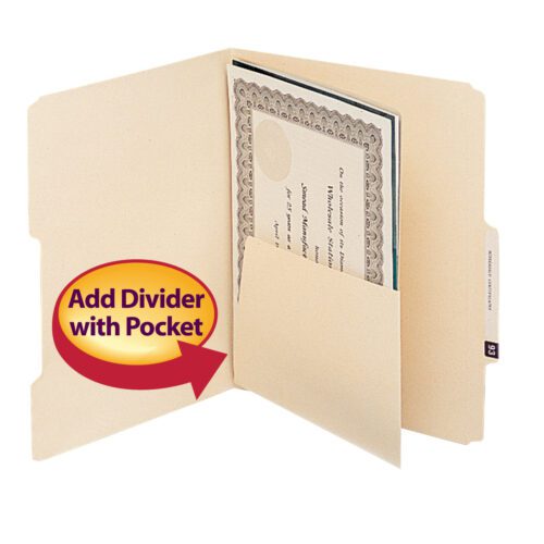 68030_C1.jpg A Smead Manila Self-Adhesive Folder Divider with Pockets (68030) neatly holds a certificate, featuring a red and yellow circular label reading Add Divider with Pocket. Available in letter size, 25 per pack.