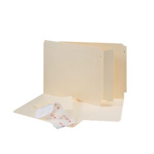 A set of manila file folders, each with a reinforced Smead Folder End Tab Converter (8 high tab, letter/legal size) is nearby loose paper clips and adhesive labels. Folders are upright with one open to show contents.