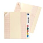 Two beige Smead Multi-Use End Tab Converter folders, sized 6W x 9H and featuring a colorful numeric color band from red to blue, are stacked with barcodes and labels visible. One is slightly turned, showcasing their innovative design. Available as a set of 200 per box (68100).