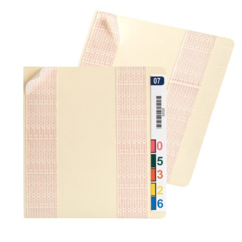 68100.jpg Two beige Smead Multi-Use End Tab Converter folders, sized 6W x 9H and featuring a colorful numeric color band from red to blue, are stacked with barcodes and labels visible. One is slightly turned, showcasing their innovative design. Available as a set of 200 per box (68100).