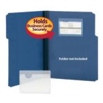 A blue folder has a Smead Self-Adhesive Poly Pocket, perfect for Business Card Size (4-1/16W x 3H) cards. It reads Holds Business Cards Securely and Folder not included. An empty pocket from the 100 per Box (68123) pack is shown below.