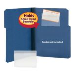 The blue folder showcases a Smead Self-Adhesive Poly Pocket, size 5-5/16 W x 3-5/8 H, securely holding an index card reading Holds Small Items Securely. A white rectangular card holder is below. The open folder facing the viewer states Folder not included.