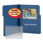 A blue folder features a clear 6 x 4 Smead Self-Adhesive Poly Pocket displaying a photo of a woman on her phone and laptop, with Holds Small Items Securely pointing to the pocket. Text: Folder not included. Available in packs of 100 per Box (68164).