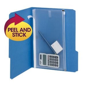 An open blue folder with a Smead Stick-N-Store? Poly Pouch 6W x 11-1/4H holds a calculator, pen, and eraser. A Peel and Stick circular sticker with a red arrow points to the pouch.