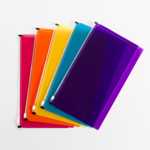 68181_W1.jpg A pack of five Smead Stick-N-Store™ Poly Pouches, each measuring 6W x 11-1/4H, includes pouches in vibrant transparent colors such as orange, yellow, blue, dark purple, and pink. They are displayed beautifully against a white background.