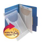 A Smead Poly Retention Jacket, 3/4 Expansion, Letter/Legal, Clear (68191) with transparent inner pockets is open. A graphic with a red arrow and easy to clean plus a wiping hand icon highlights it. Available in 24 per box.