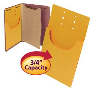 Two Kraft Smead File Retention Jackets (68196), suitable for Letter/Legal documents, display a 3/4 pocket capacity. The open jacket has multiple holes on the inner flap, and the closed one is behind it. A red arrow highlights the pocket capacity.