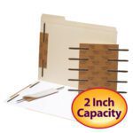 A beige file folder with brown Smead Self-Adhesive Metal Fasteners, featuring reinforced 2 capacity, lies open on a white background. In the bottom right corner, a circular badge highlights its specifications.