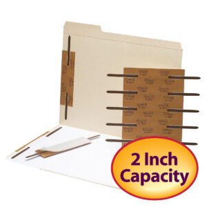 A beige file folder with brown Smead Self-Adhesive Metal Fasteners, featuring reinforced 2 capacity, lies open on a white background. In the bottom right corner, a circular badge highlights its specifications.