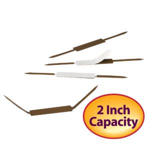 Five brown Smead self-adhesive fasteners with a 2 capacity are shown in assembly stages. A label reads 2 Inch Capacity in purple on an orange-yellow gradient oval. Perfect for organization, these fasteners are sold 100 per box (68220).