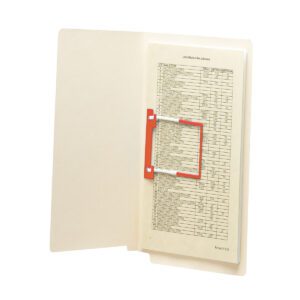 A beige folder showcases a single page held by a vivid red Smead U-Clip Bonded Fastener, 2 capacity. The list of names and numbers is neatly bound, with the folder placed upright against a white background.