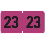 A rectangular sticker with a vibrant purple background displays 23 in bold black text twice, divided by a vertical perforation, reminiscent of the Smead ETYJ Color-Coded Year Label from label roll 68323, perfect for organizing systems.