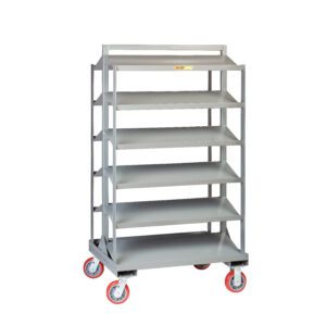 The Little Giant Sloped Shelf Bin Cart, made from durable gray metal, offers six spacious angled shelves and four red swivel casters, combining excellent structure and mobility for versatile use.