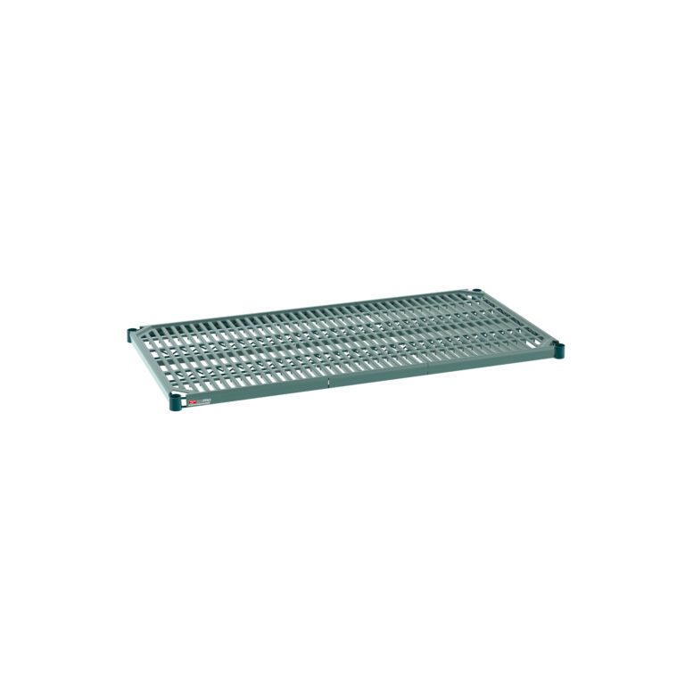 The Metro Super Erecta Pro PR2448NK3 is a 24 x 48 industrial wire restaurant shelf with a grid pattern, supported by four corner brackets. It features a removable plastic mat and a metallic sheen, ideal for versatile storage on any white background.