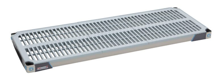 6ogi4wovkmiuys6l706db728052eb470.jpg A rectangular metal floor panel with a gridded surface and blue corner accents mirrors the design of the MetroMax i MX1848G Shelf with Grid Mat, branded Maxx on one end, measuring 18 x 48.