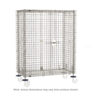 The Metro SEC56S-SD Super Erecta Standard-Duty shelving unit is a stainless steel wire cage with a rectangular design, featuring a latch door and set on four wheels for mobility, measuring 27.25 x 65 x 62. Note: Actual dimensions may vary. Casters not included.
