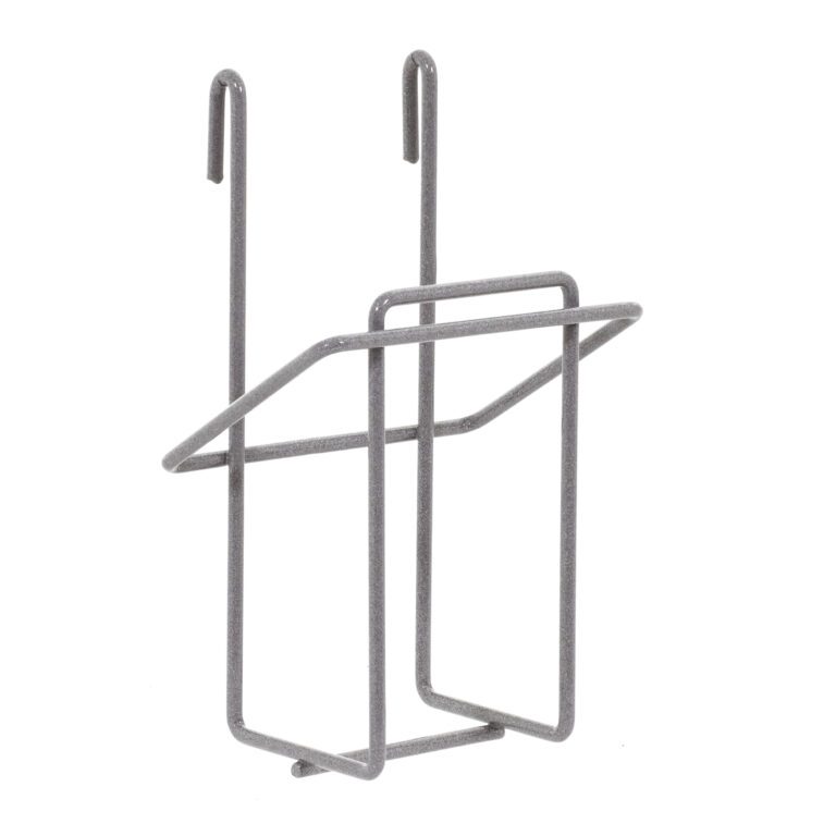 The Metro GBHVK4 vertical single glove box holder for Super Erecta wire shelving is designed in minimalist Metroseal gray epoxy, featuring top hooks and diagonal side supports. Its ideal for efficient space organization.