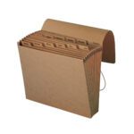 The Smead Expanding File (70186) has 12 monthly dividers from January to December, is letter-sized, and made of kraft paper. It features a flap and cord closure for easy access and organization.