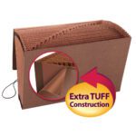 The Smead TUFF Expanding File (70320) offers 21 A-Z pockets with durable Redrope-Printed Stock and features a flap with an elastic cord closure.