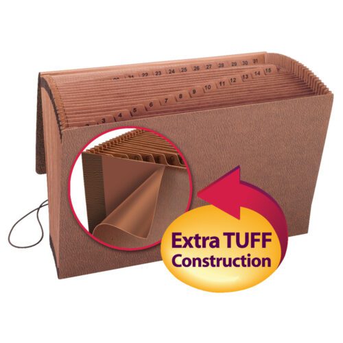 The Smead TUFF? Expanding File (70369) is a legal-size folder made from Redrope-Printed Stock, with 31 daily-numbered pockets and features a flap with an elastic cord closure on the left, showcasing its durable Extra TUFF Construction. A close-up reveals the materials thickness.