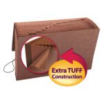 The Smead TUFF Expanding File features 12 monthly-labeled pockets from Jan. to Dec., in legal size, crafted from Redrope-Printed Stock (70390) with Extra TUFF Construction highlighted by a red arrow and purple-yellow label.