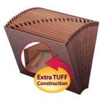 The Smead TUFF? Expanding File (70425) is a letter-size folder in Redrope-Printed stock with 21 pockets labeled A-Z. It features a reinforced edge and Extra TUFF Construction is emphasized on the yellow and red label.
