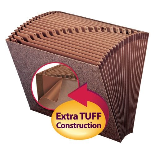 The Smead TUFF? Expanding File (70425) is a letter-size folder in Redrope-Printed stock with 21 pockets labeled A-Z. It features a reinforced edge and Extra TUFF Construction is emphasized on the yellow and red label.