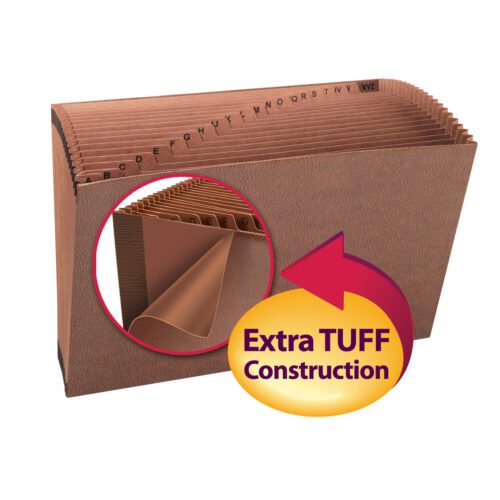 The Smead TUFF? Expanding File, legal size, has 21 A-Z pockets and is made from durable Redrope-Printed Stock (70430). It features Extra TUFF Construction, highlighted by a badge with a yellow and red arrow.