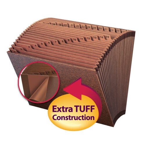 The Smead TUFF? Expanding File, made from Redrope-Printed Stock (70467), is a letter-sized organizer with 31 numbered pockets for daily (1-31) use. A close-up inset shows its Extra TUFF Construction with a yellow circle and red arrow, emphasizing its durability.