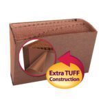 The Smead TUFF? Expanding File, Legal Size (70469), has 31 numbered pockets from 1 to 31 with Extra TUFF Construction for durability, highlighted by a red arrow pointing to its sturdy edge in the brown accordion folder design.