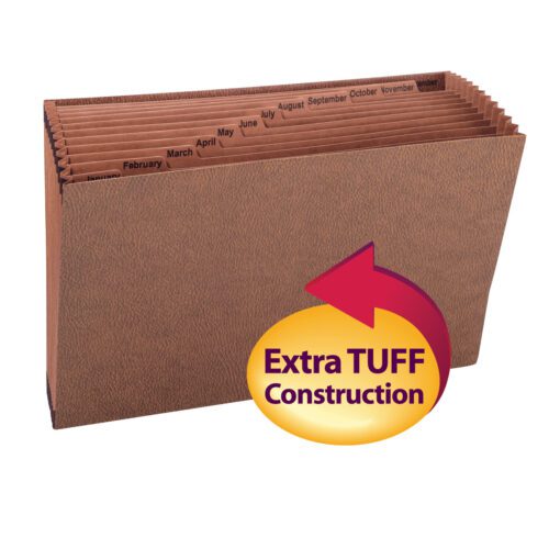A Smead TUFF Expanding File in redrope-printed stock, legal size with 12 monthly pockets (January–December), is open showing dividers. A yellow and purple arrow graphic on the right says Extra TUFF Construction.