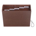 The Smead Subject File (70540) is a letter-size accordion organizer with 6 pockets in Redrope-Printed Stock, featuring labeled tabs for English, Geography, History, Mathematics, Science, and Miscellaneous. It securely fastens documents with an elastic cord closure.