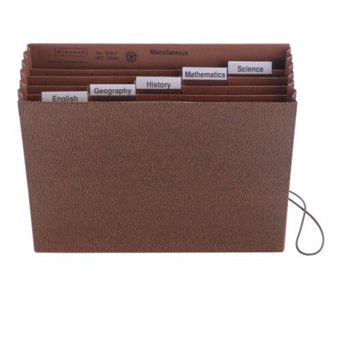 The Smead Subject File (70540) is a letter-size accordion organizer with 6 pockets in Redrope-Printed Stock, featuring labeled tabs for English, Geography, History, Mathematics, Science, and Miscellaneous. It securely fastens documents with an elastic cord closure.