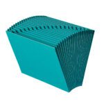 The Smead Expanding File, featured in teal, boasts an accordion-style design with 21 pockets for letter-size documents. Labeled A-Z tabs grace each pocket, enhancing its functionality when elegantly fanned open on the right.