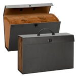 Two black Smead A-Z and Subject Expanding File Boxes are shown: one closed with a handle, the other open to labeled dividers for Bills, Education, and Bank Account. Both have secure latch closures, perfect for organized storage.