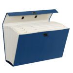 The Smead Portable Expanding File Box (70806), in a vibrant blue, has 19 expandable pockets with A-Z and subject labels for legal-size documents, secured by a black clasp.