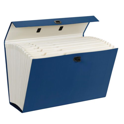 70806_I.jpg The Smead Portable Expanding File Box (70806), in a vibrant blue, has 19 expandable pockets with A-Z and subject labels for legal-size documents, secured by a black clasp.