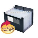 The Smead Poly Desktop Expanding File (70845) in black, letter size, includes 12 pockets with translucent compartments labeled monthly and alphabetically. A hand and sparkles easy to clean icon is on the lower left corner.