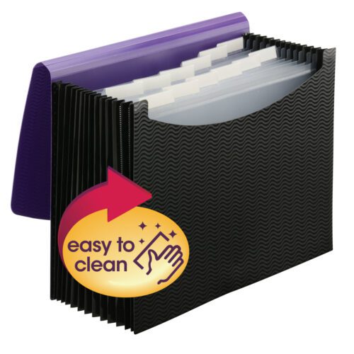 70862_WB1.jpg The Smead Poly Expanding File (70862), letter size, features a wave pattern in purple/black. Its 12 pockets are visible when open, with a purple flap peeking out. A graphic with a red arrow and hand icon boldly announces easy to clean in yellow text.