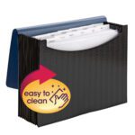The Smead Poly Expanding File (70863) is a practical choice with its black accordion file organizer, labeled monthly tabs, and flap and cord closure. The stylish wave pattern in blue/black adds flair, while the yellow badge indicates its easy to clean. Perfect for organizing letter-sized documents effortlessly.