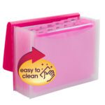 The Smead Poly Expanding File (70864) in wave pattern pink/clear offers 12 dividers with January to December tabs, letter-size expandable pockets, a flap and cord closure, and features an easy to clean hand-wiping icon.