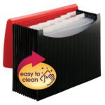 A Smead Poly Expanding File (70866) with a wave-patterned red and black cover is open, showing labeled tabs. It features an easy to clean icon on the front and a flap and cord closure for securing letter-sized documents.