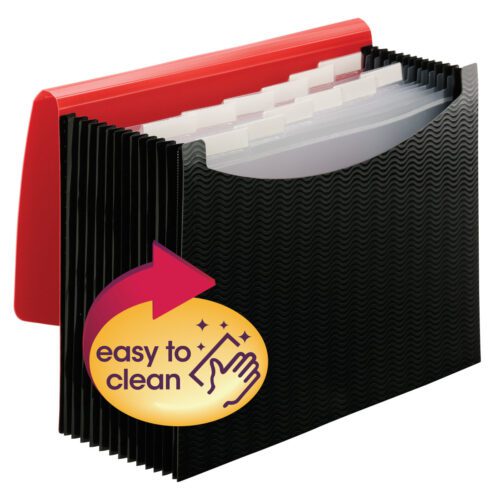 A Smead Poly Expanding File (70866) with a wave-patterned red and black cover is open, showing labeled tabs. It features an easy to clean icon on the front and a flap and cord closure for securing letter-sized documents.